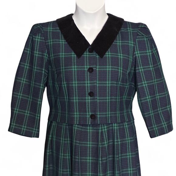 Vintage Miss Dorby Tartan Plaid Midi Dress 10P Velvet Collar Cottagecore Holiday - Picture 2 of 10